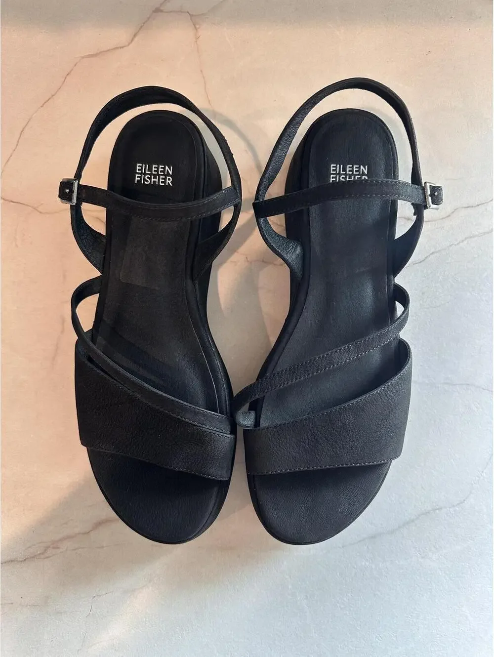 NEW Eileen Fisher Dae Leather Wedge Platform Strappy Sandals Black Women’s sz 10 - Picture 6 of 15